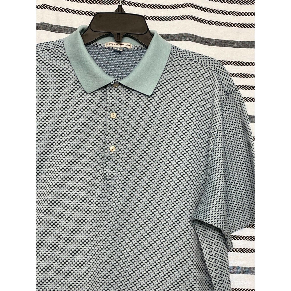 Mens Peter Millar Summer Comfort Geo Patterned Polo Golf Shirt Size LG Blue Grn